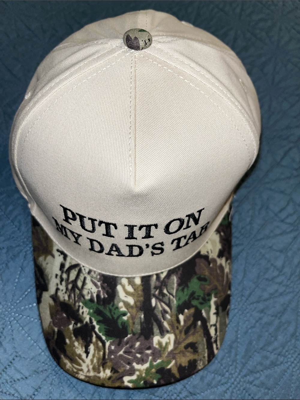 Beige & Camo 'Put It On My Dad's Tab' Trucker Cap